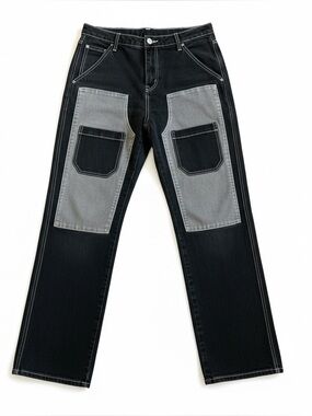 Hot Topic Cargo Utility Jeans Straight High Rise Black Gray Patchwork Y2K Sz 28
